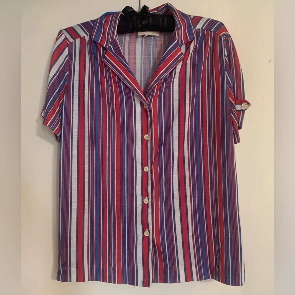 Vintage 1970s “Center Stage” Lightweight Short-Sleeve Button-Up Striped Blouse
